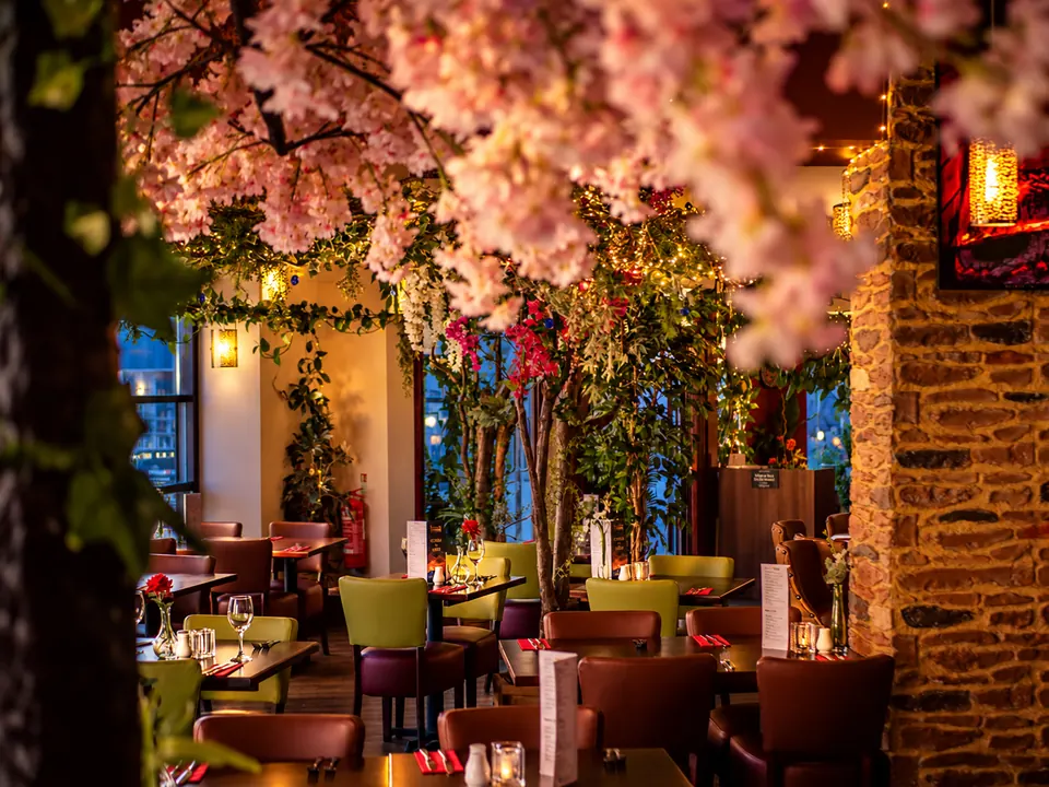 Pink blossom hanging over the tables, with the sandstone wall on the right and the room stretching back to the windows