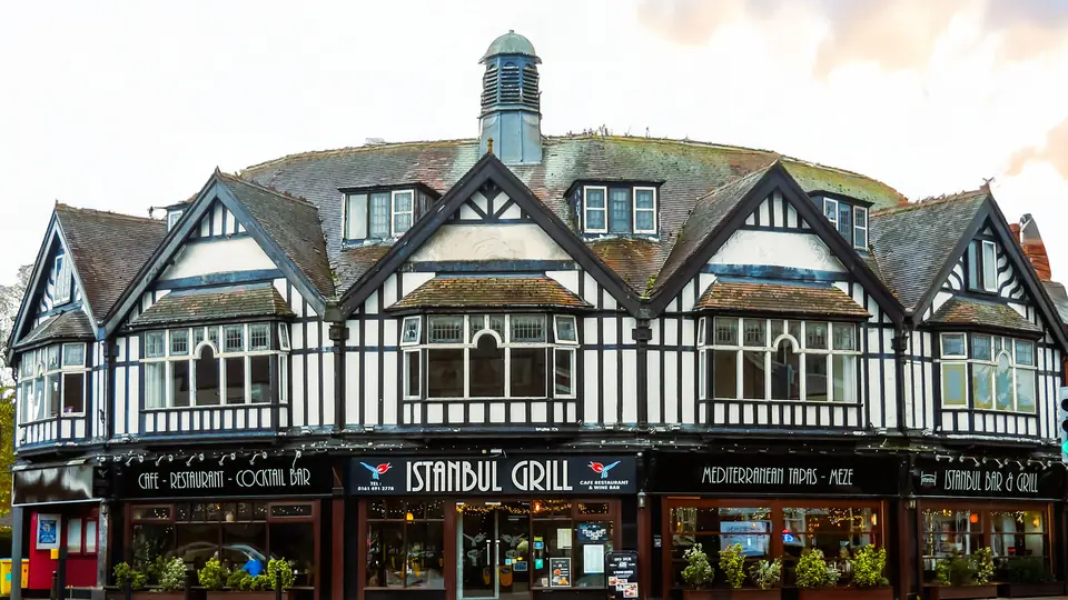 Istanbul Grill's black-and-white Tudor-style corner building on Gatley Road, Cheadle