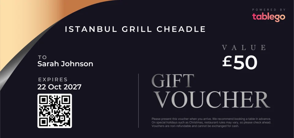 Istanbul Grill Cheadle gift voucher delivered by email: a £50 voucher with the name, expiry date and QR code