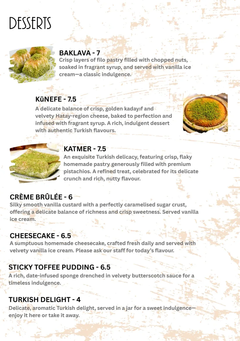 Desserts printed menu, page 1 of 2