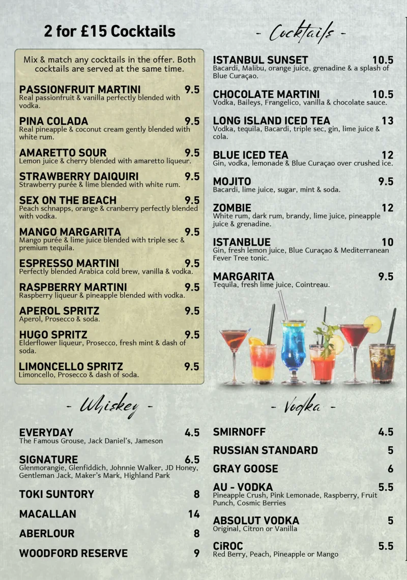 Drinks & cocktails printed menu, page 1 of 3